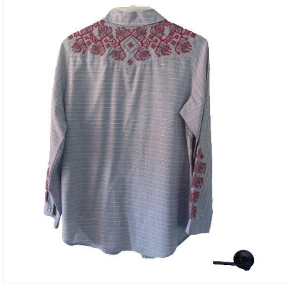 Johnny Was 3J Workshop Shirt Womens Small Blue Stripes Embroidered Button Up EUC - Picture 4 of 16